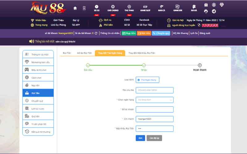 Cách rút tiền tại Mu88